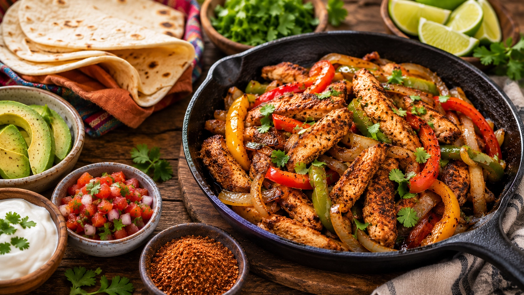 Sizzling fajita feast on rustic wood