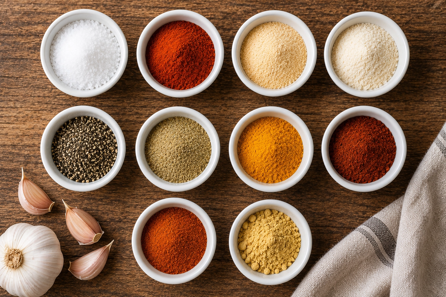 Spice assortment on rustic wood