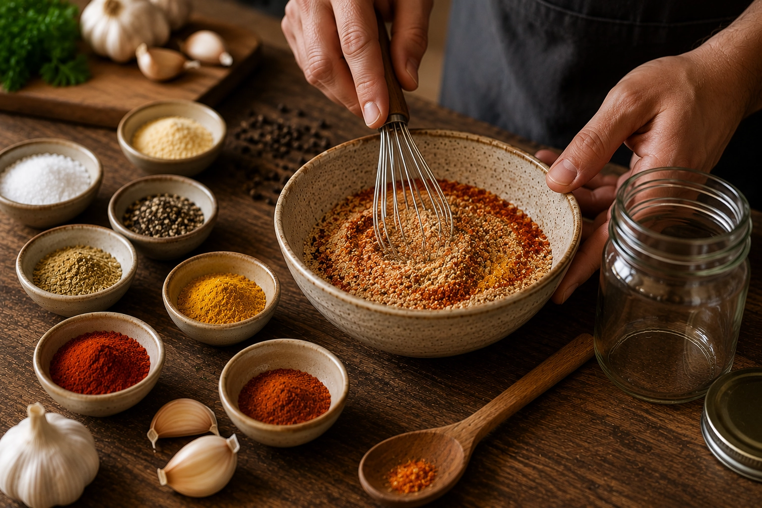 Spice blending in a rustic kitchen