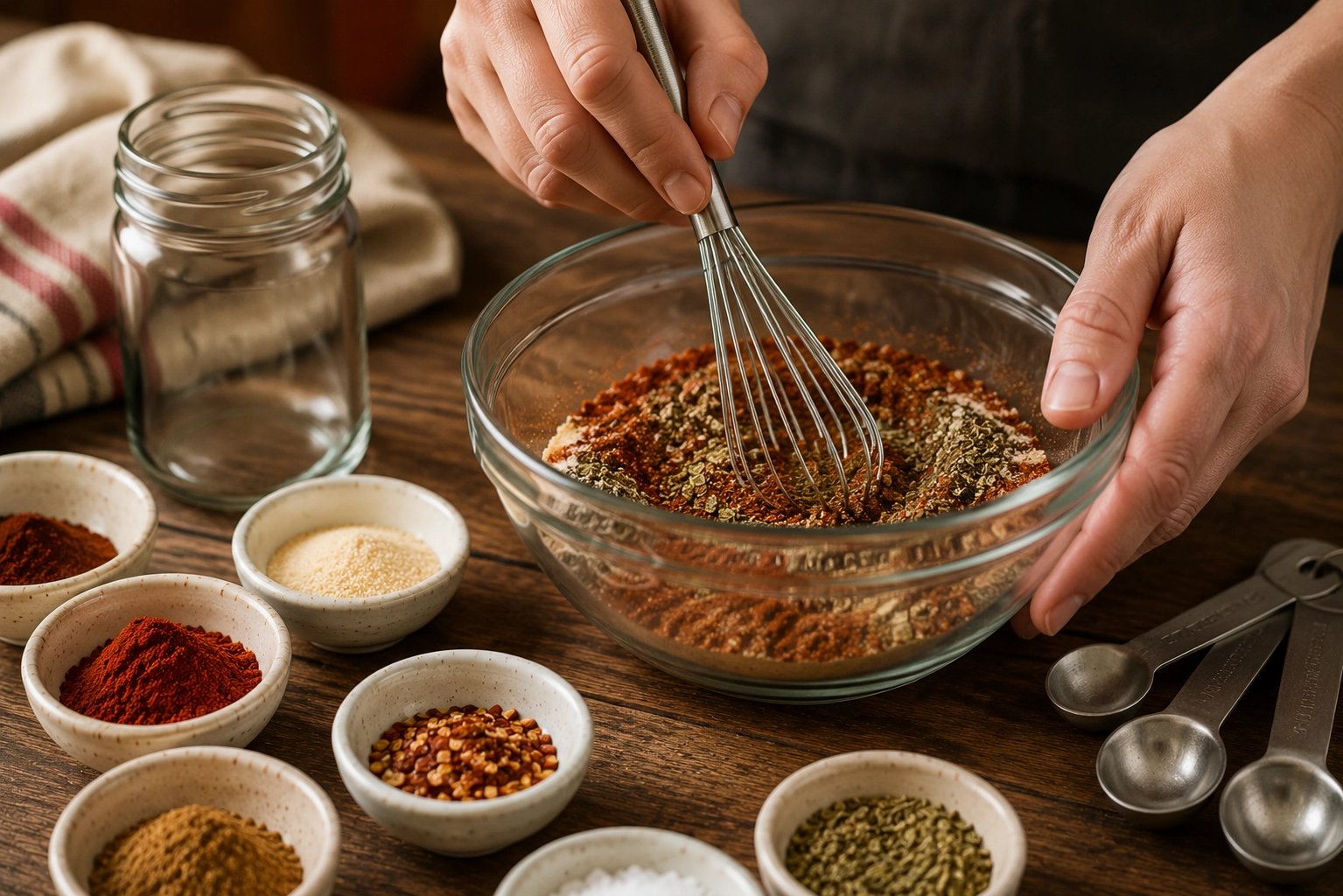 Spice mixing in a rustic kitchen