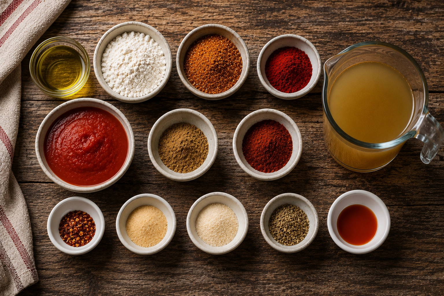 Spices and sauces on rustic wood