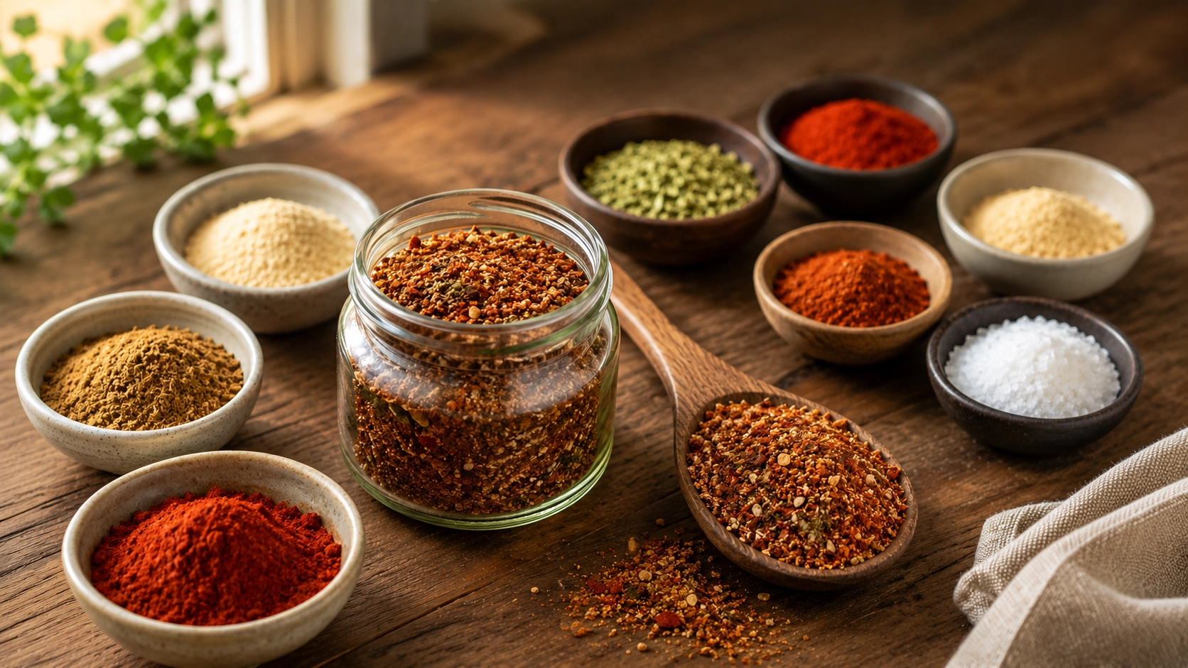 Spices and seasonings on rustic wood