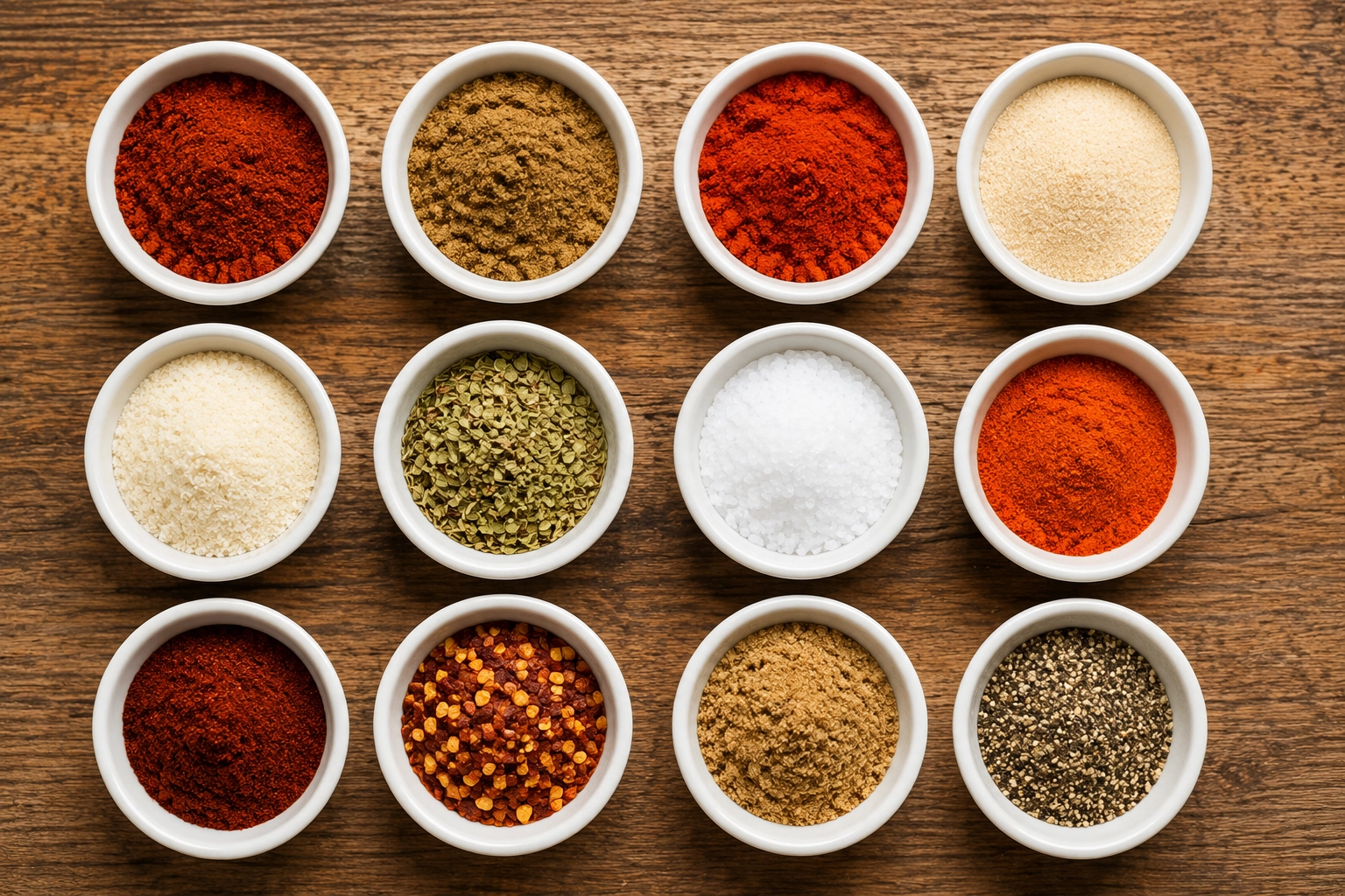 Spices arranged on rustic wooden table