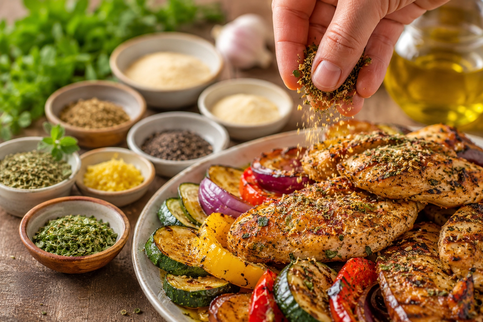 Sprinkling herbs on grilled delights