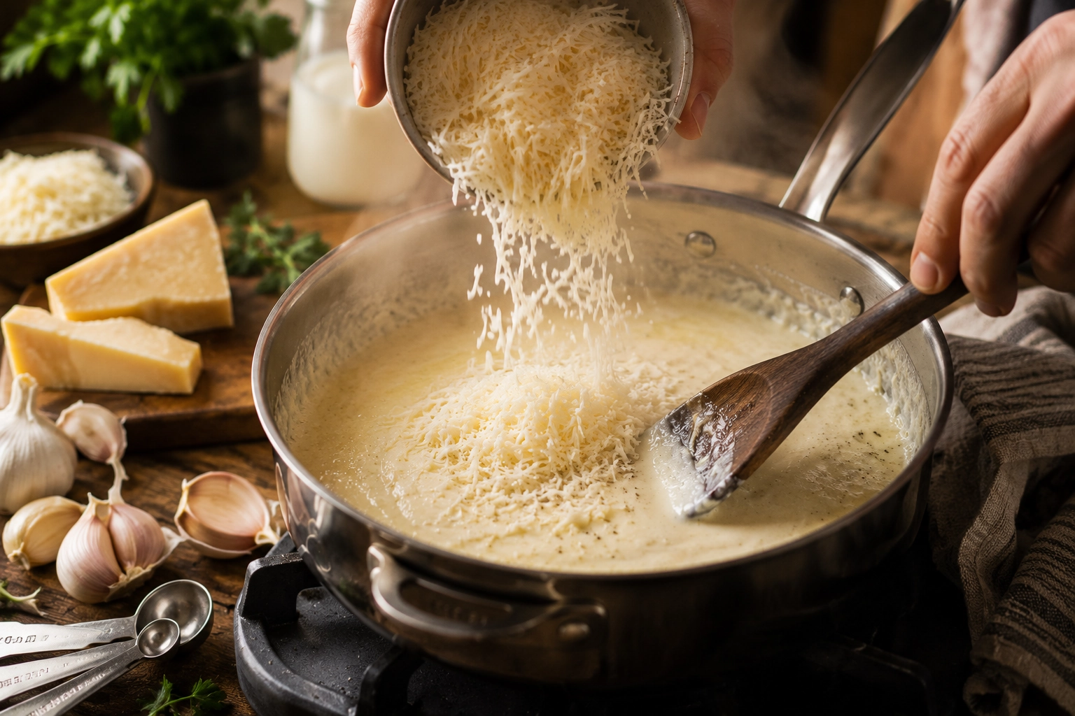 Stirring a creamy cheese sauce