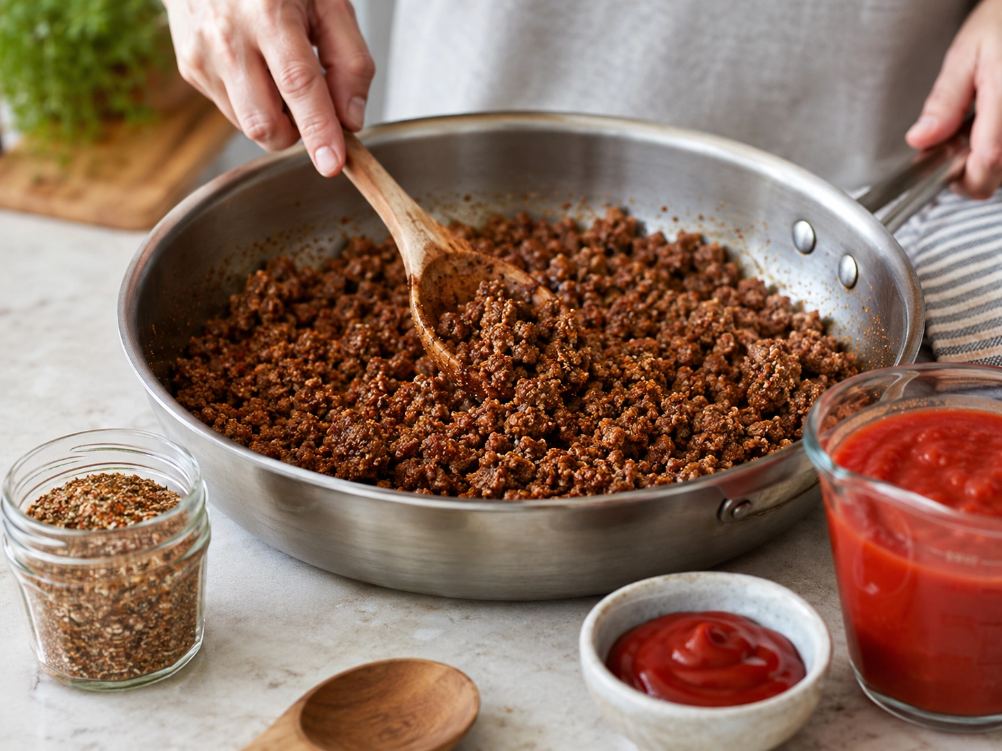 Stirring ground meat in a cozy kitchen