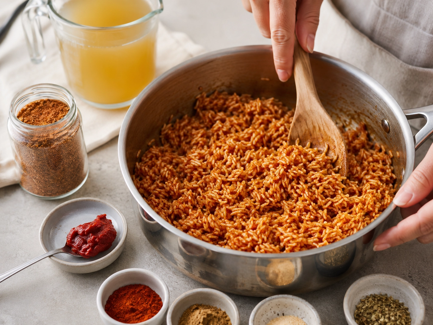 Stirring seasoned rice in a kitchen
