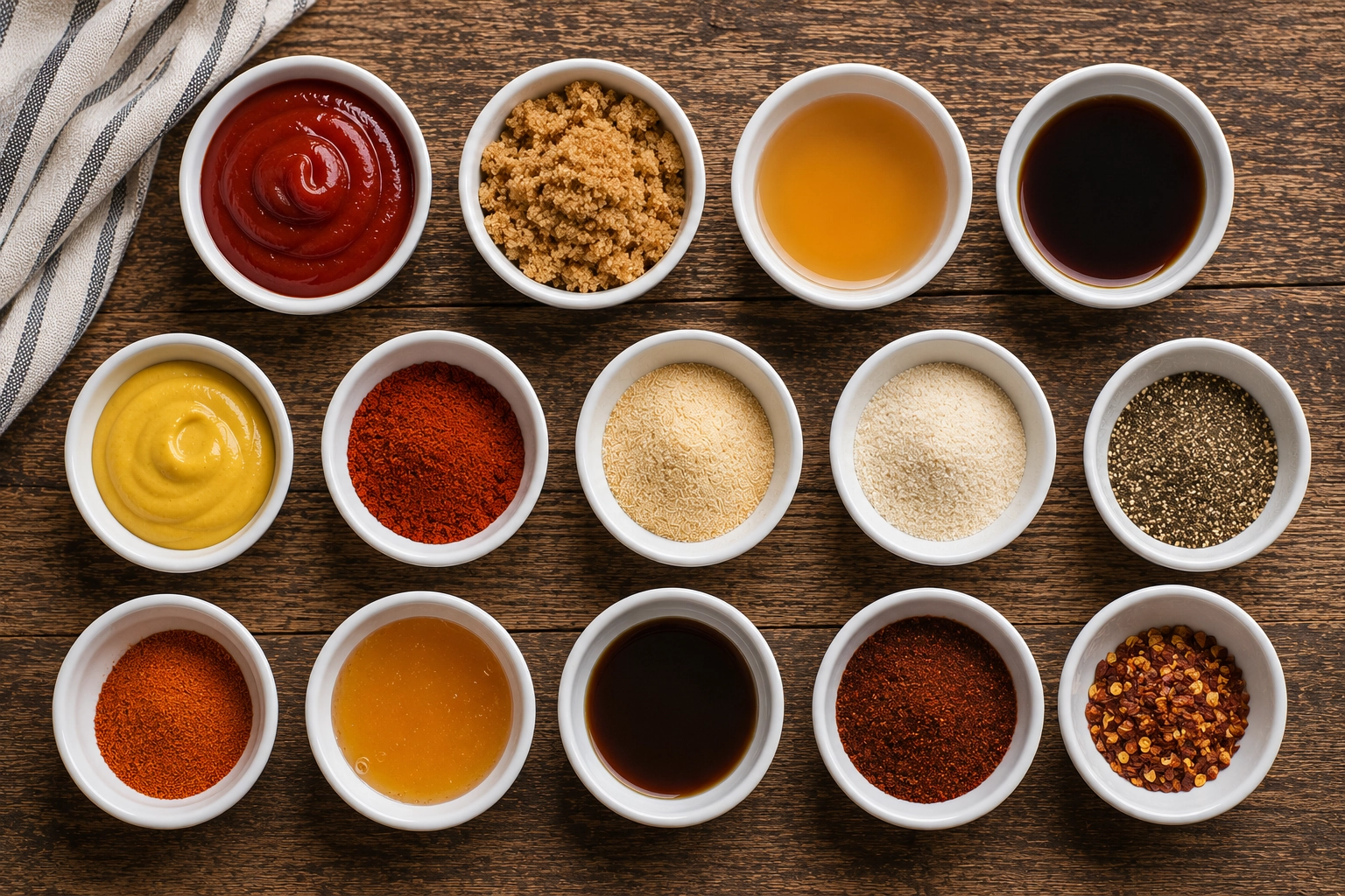 Symmetrical array of sauces and spices