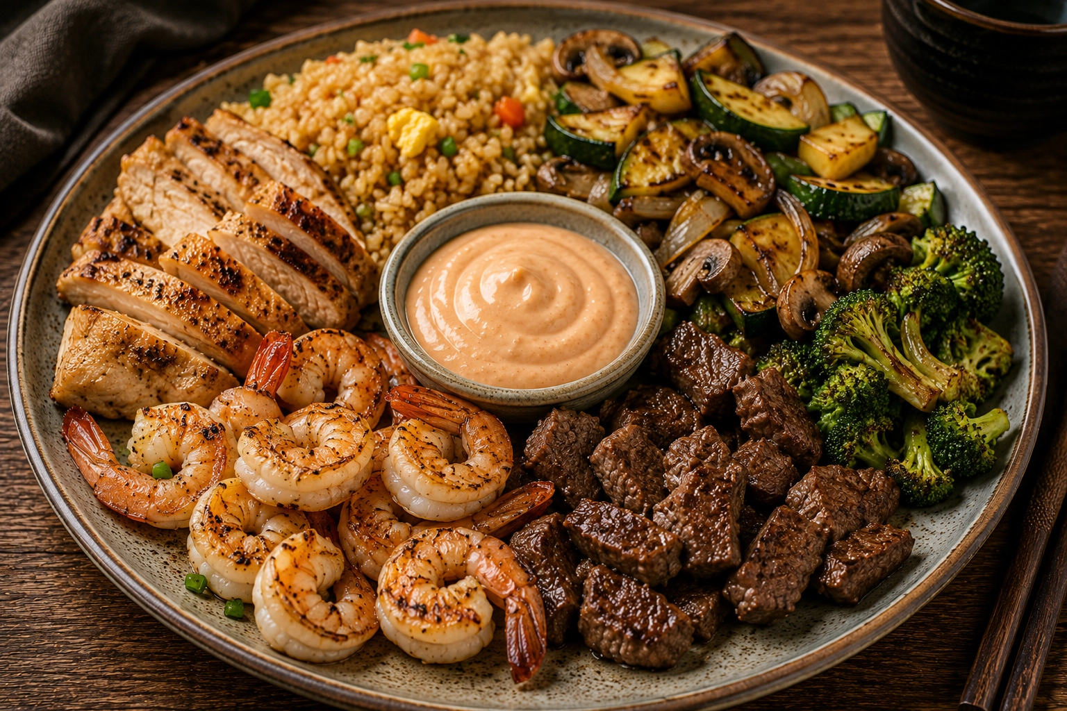 Teppanyaki feast on rustic table