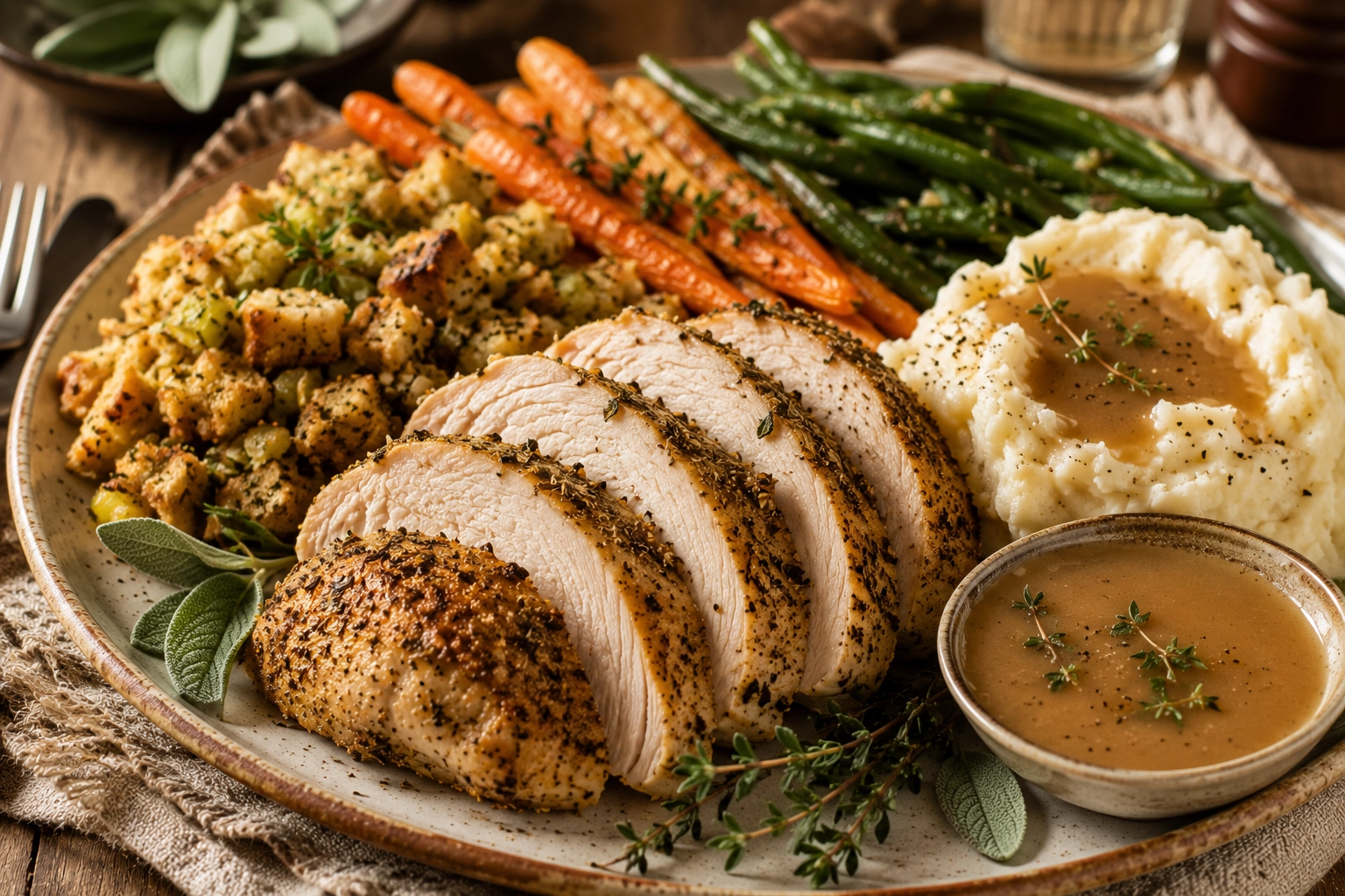Thanksgiving feast on a rustic table