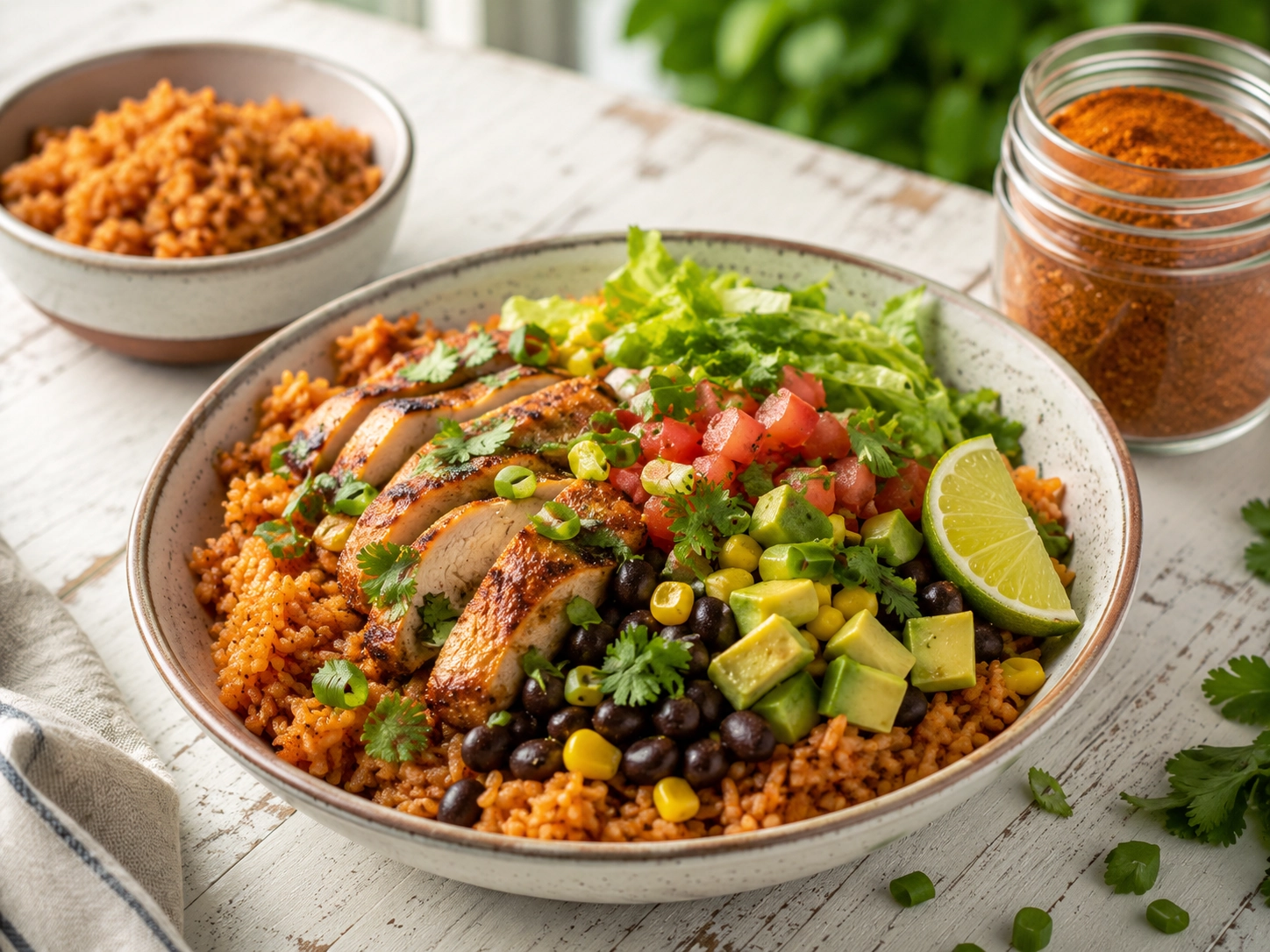 Vibrant Mexican rice bowl with chicken