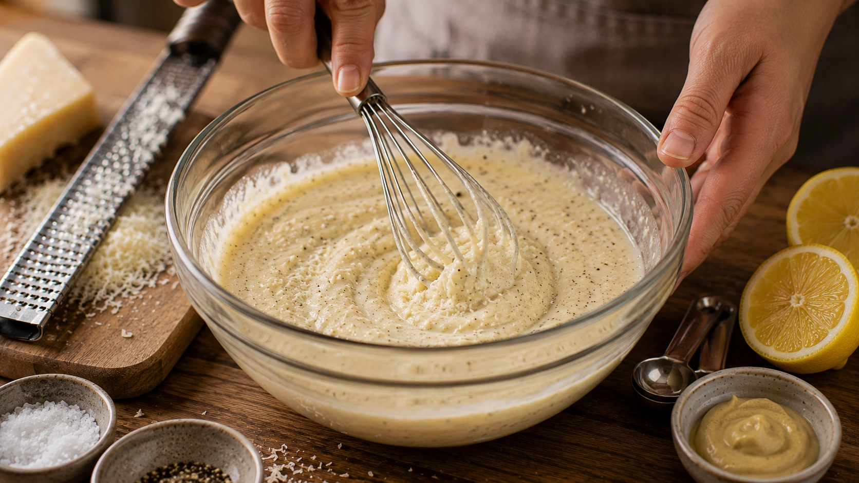 Whisking a creamy dressing in the kitchen