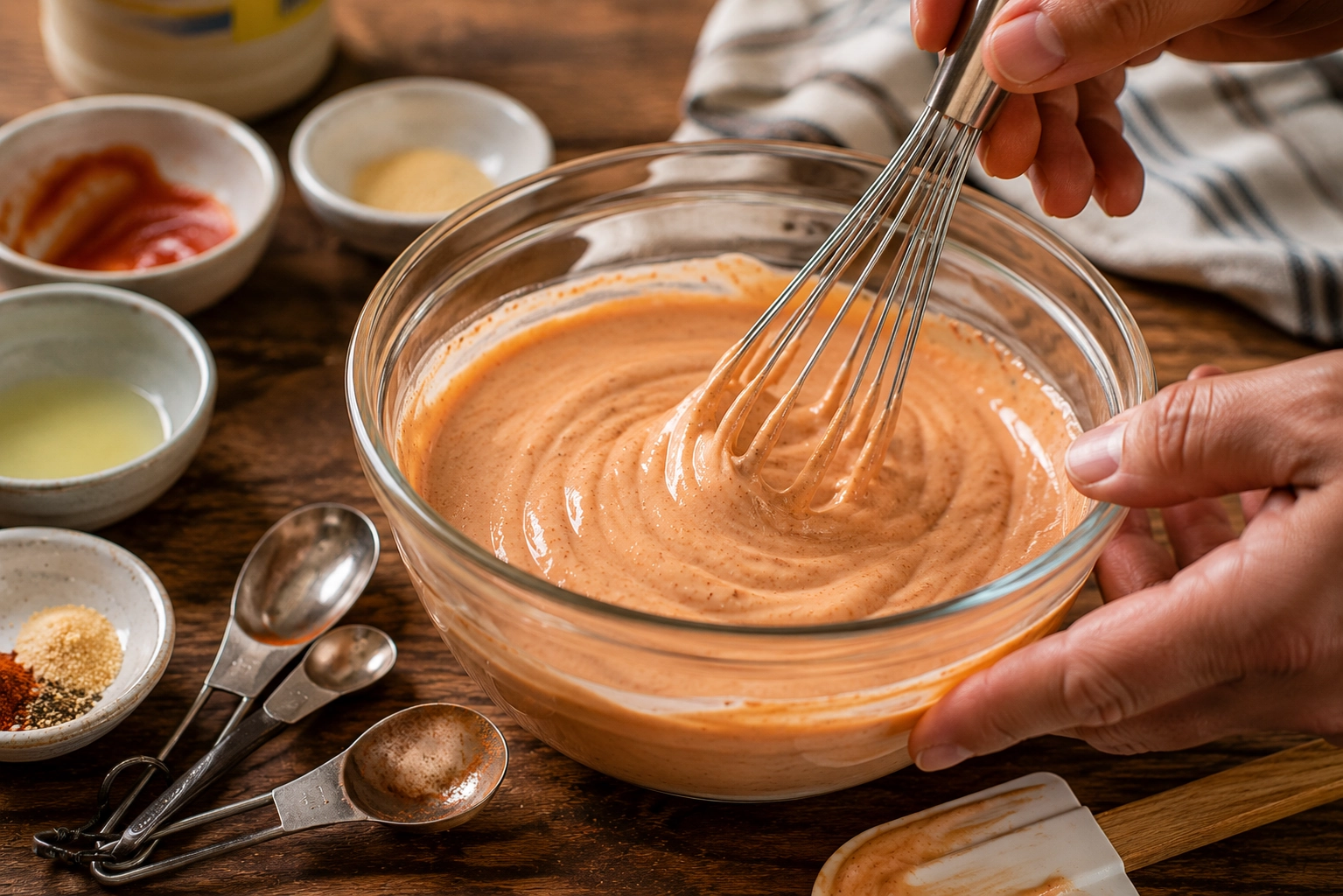 Whisking a creamy sauce in the kitchen