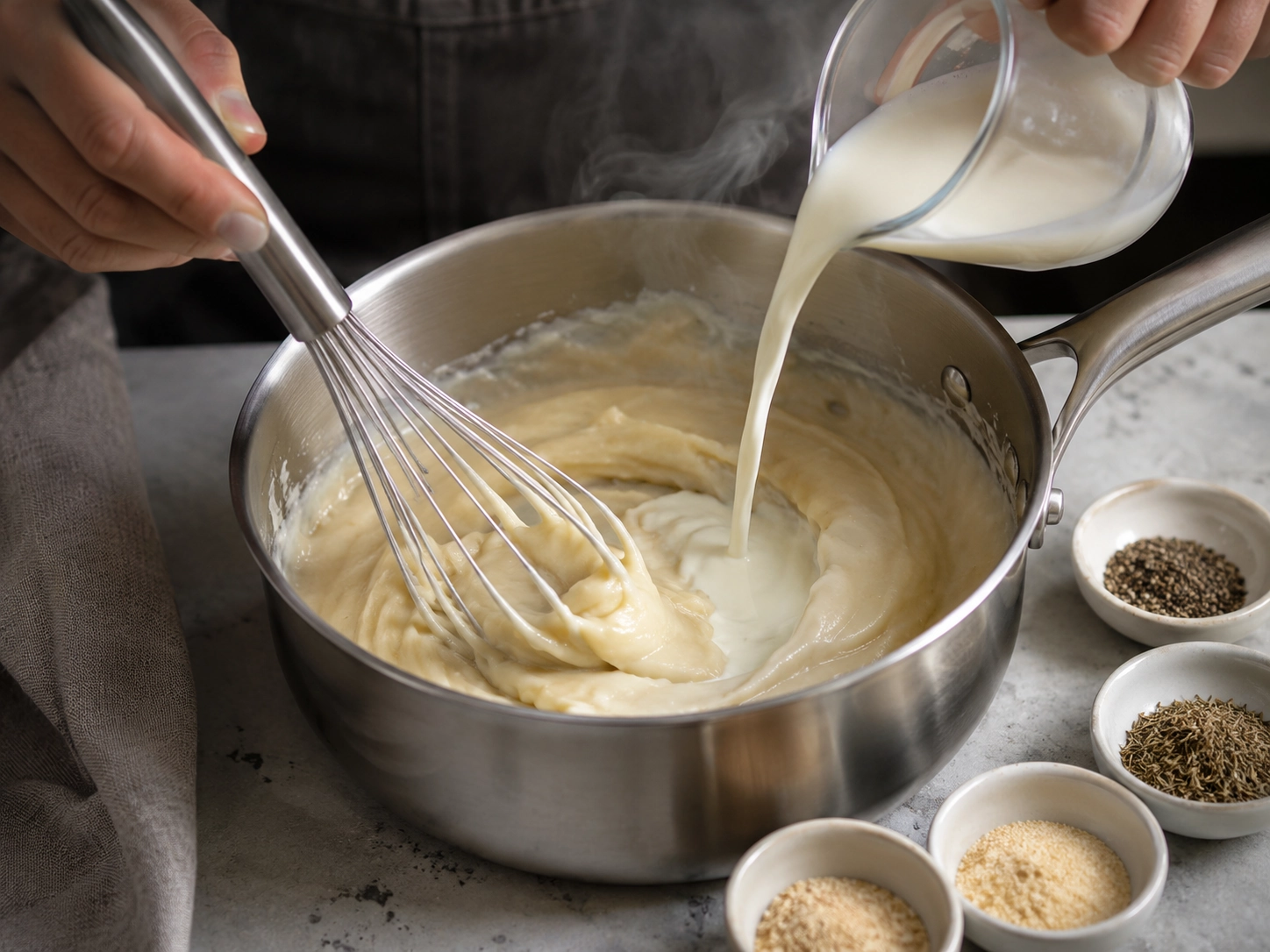 Whisking a creamy stovetop sauce