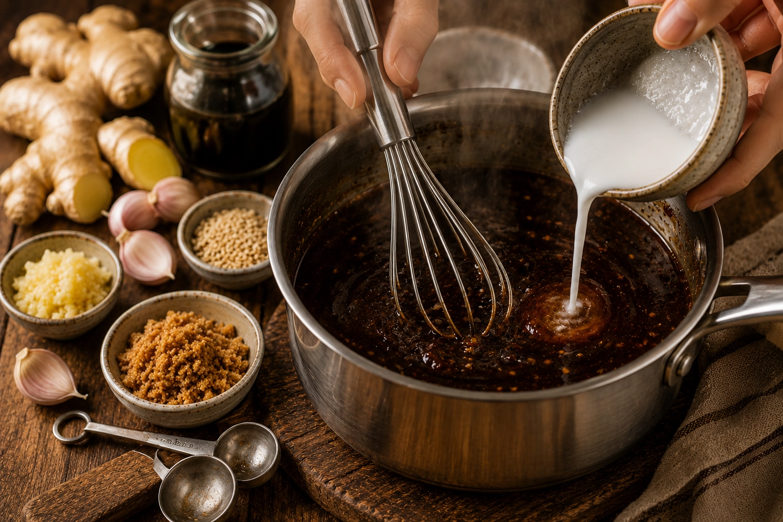 Whisking a rich sauce in the kitchen