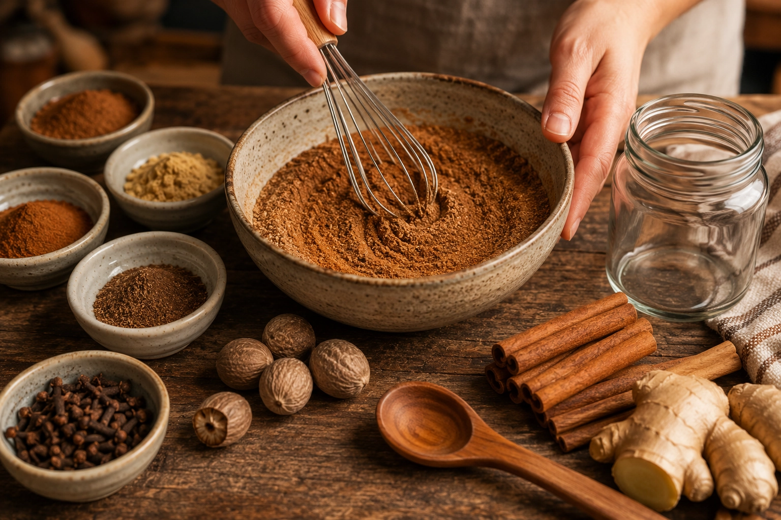 Whisking autumn spices in a rustic kitchen
