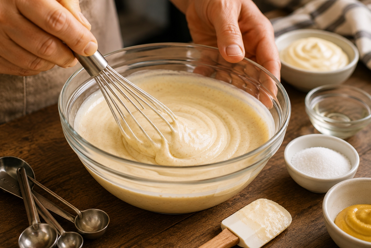 Whisking batter in a cozy kitchen