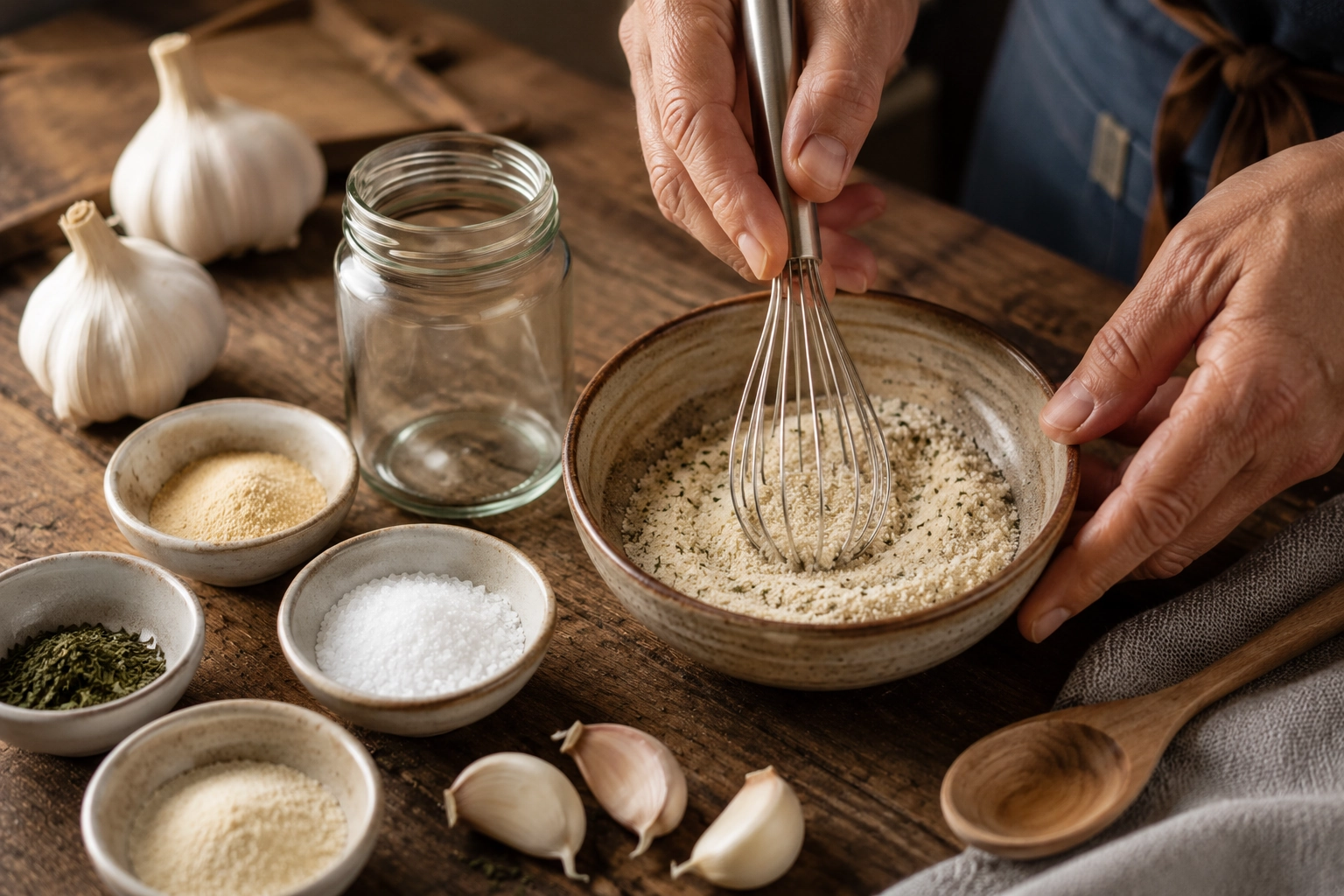 Whisking garlic salt on a wooden table