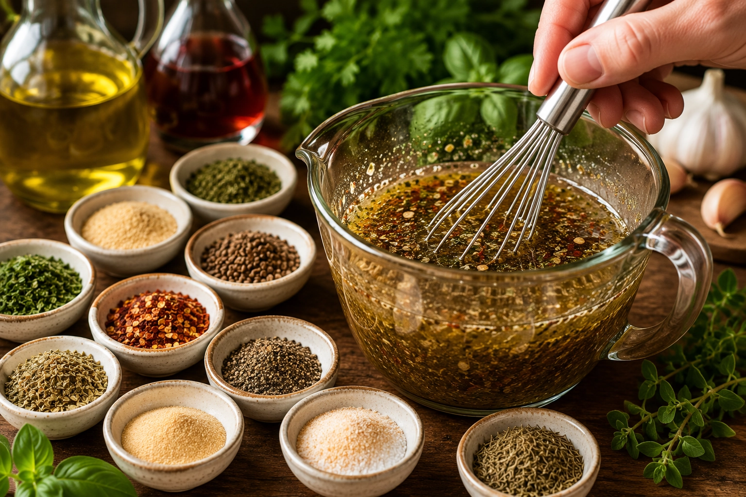 Whisking herbs for a rustic vinaigrette