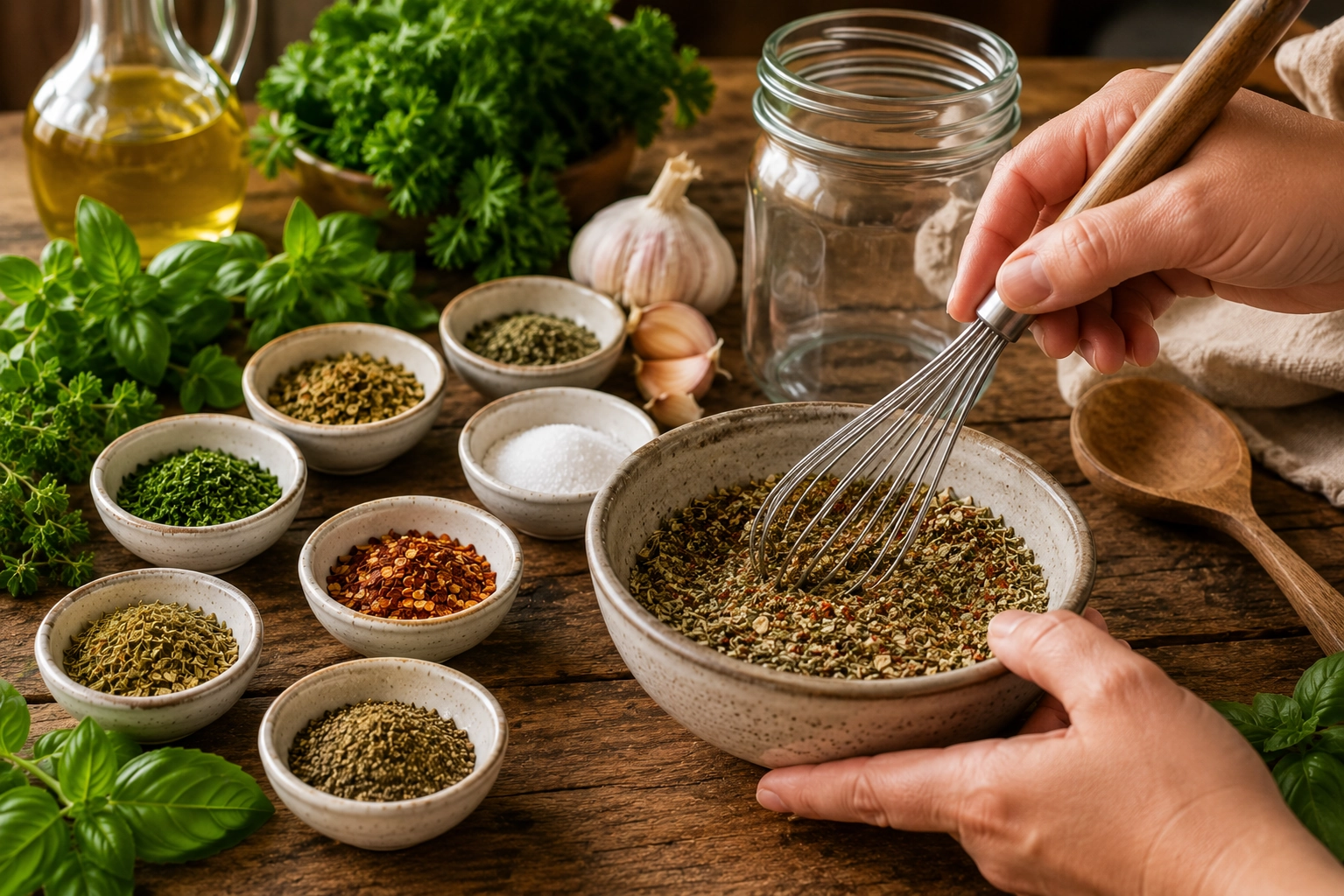 Whisking herbs in a rustic kitchen