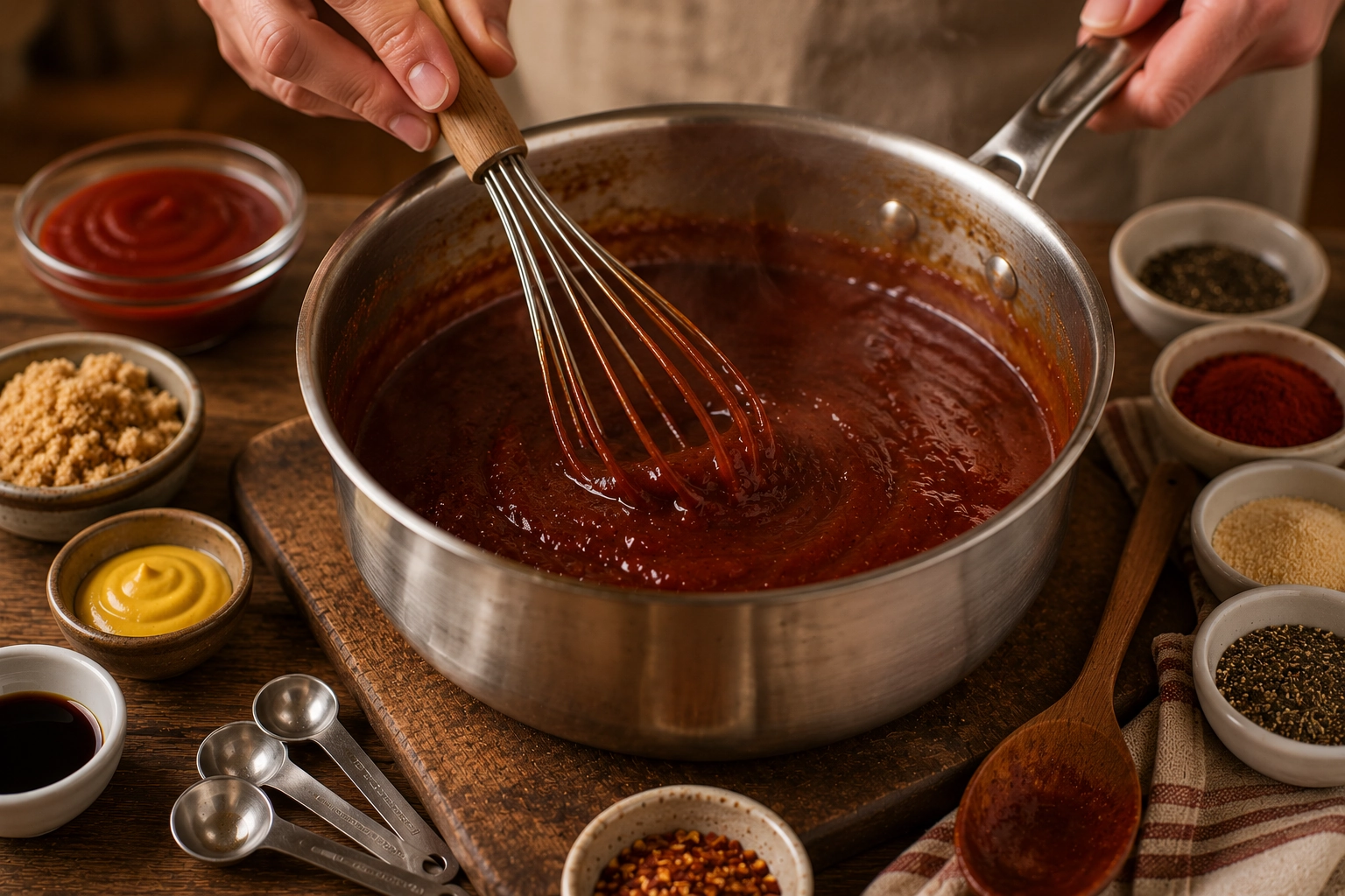 Whisking rich barbecue sauce in rustic kitchen
