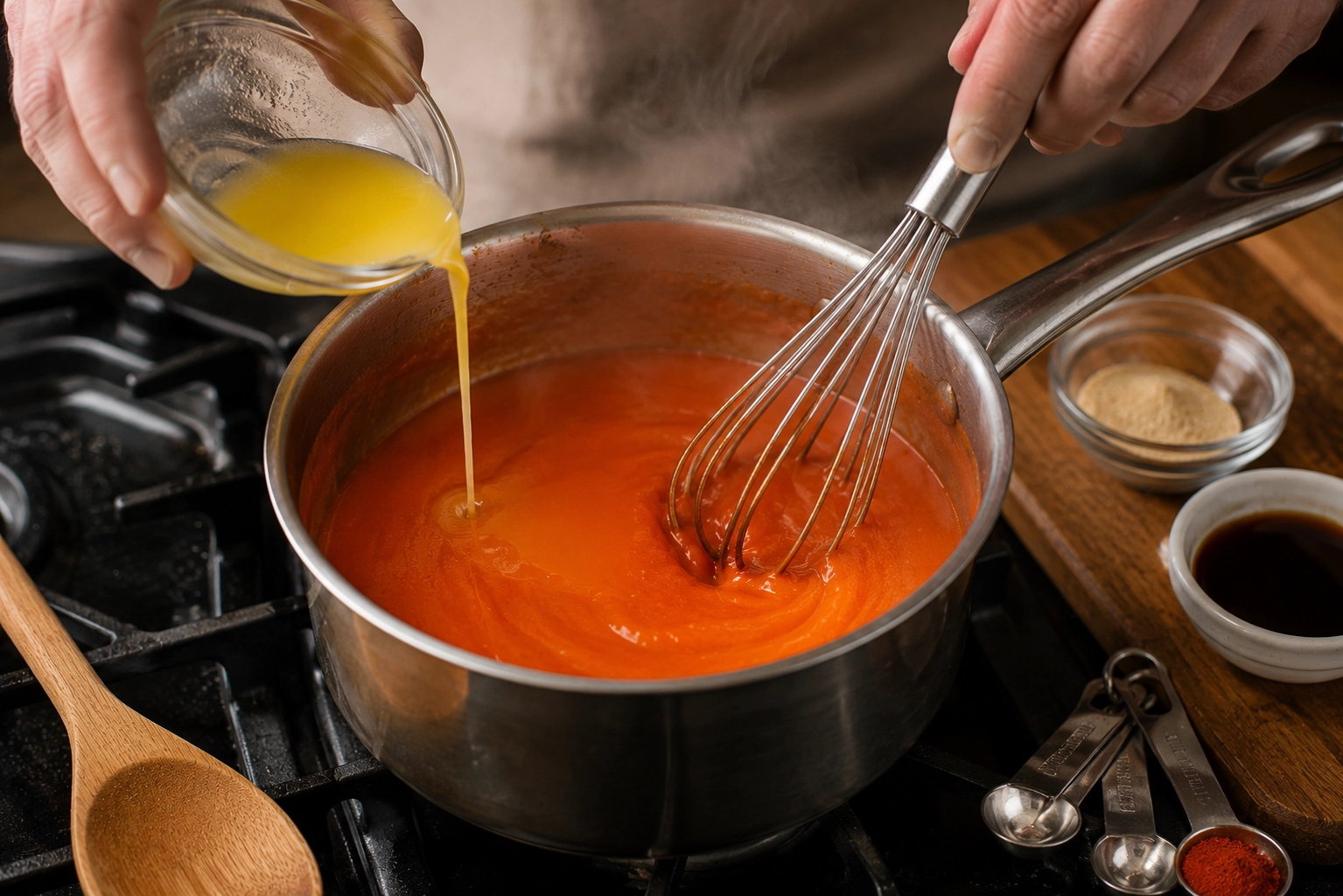 Whisking sauce in a cozy kitchen