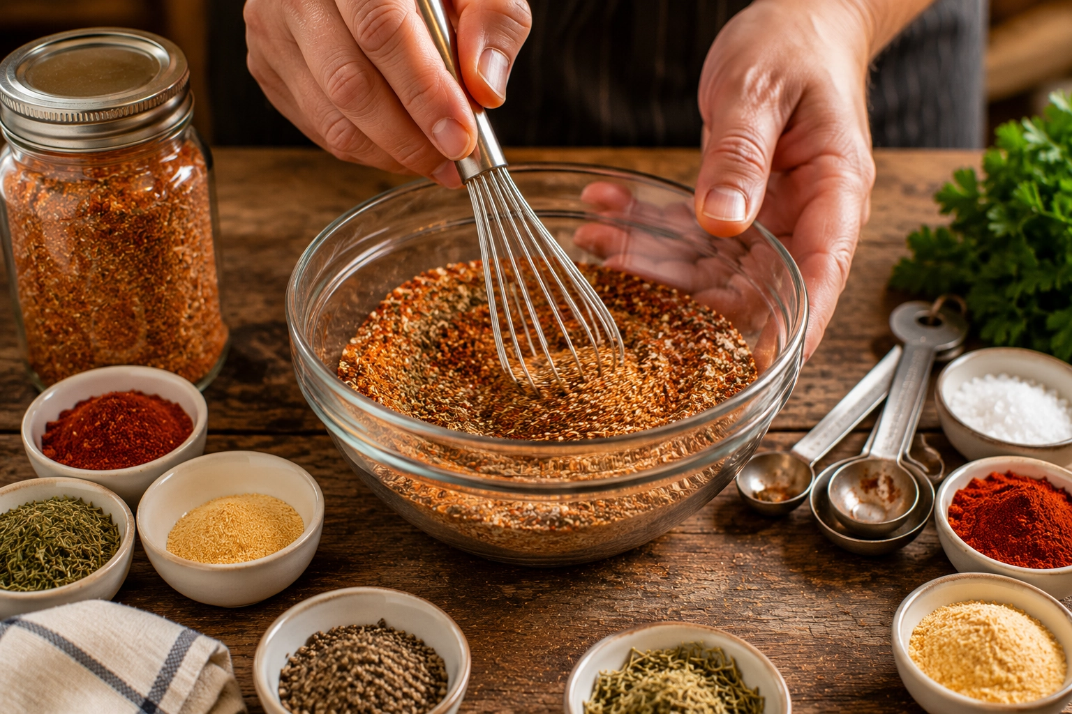 Whisking spices in a cozy kitchen