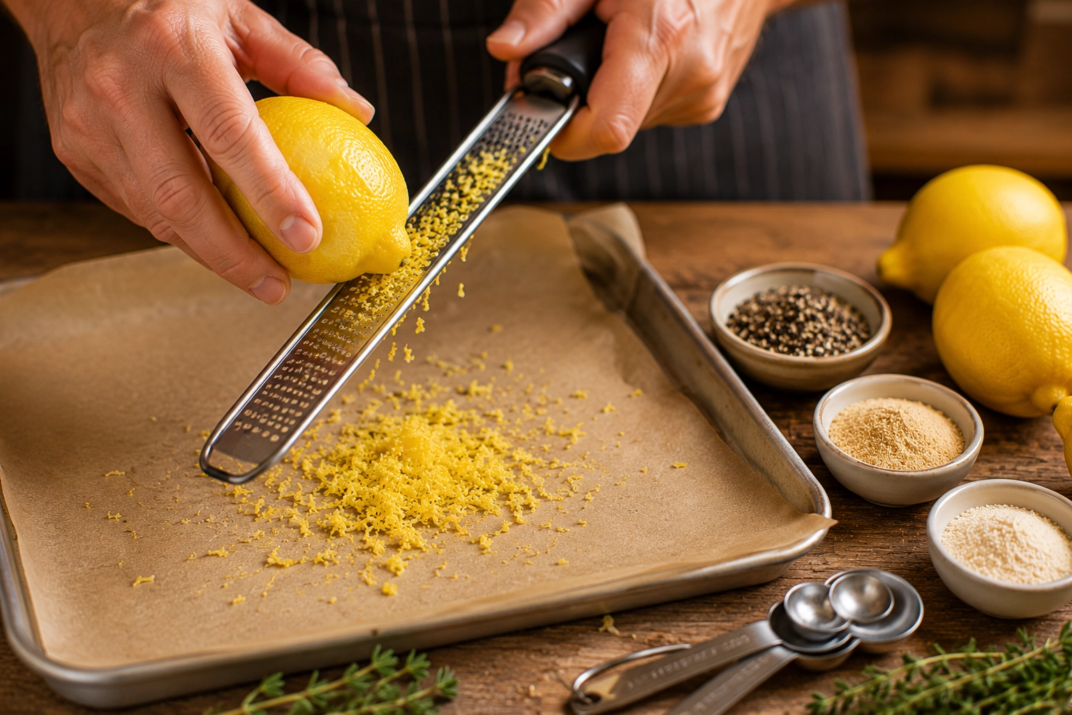 Zesting lemon in a cozy kitchen