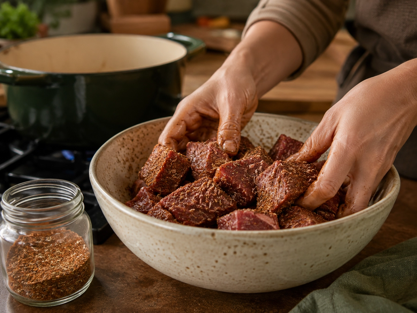 Blending Beef Stew Seasoning into Meat