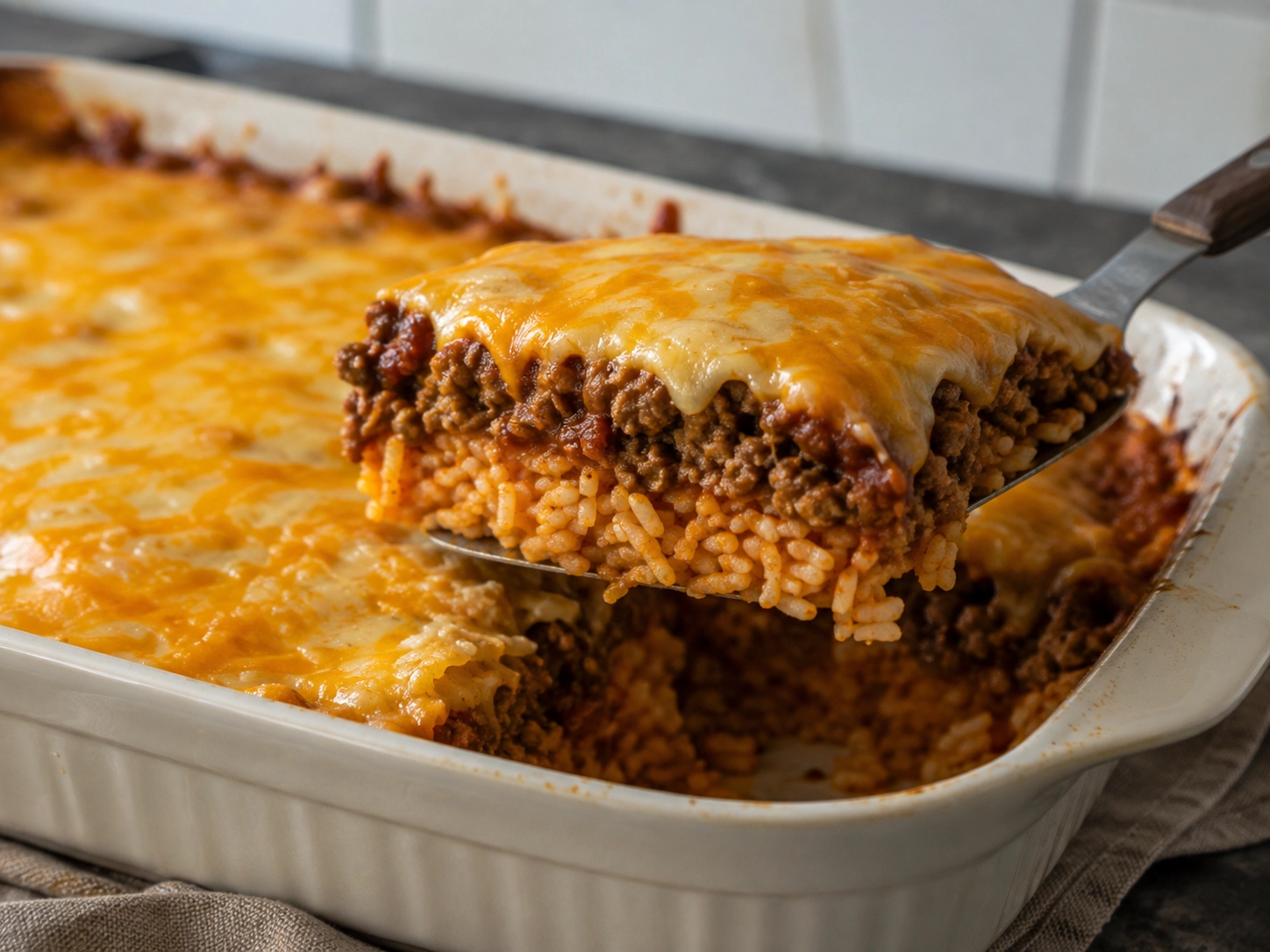Cheesy Layered Rice and Meat Casserole