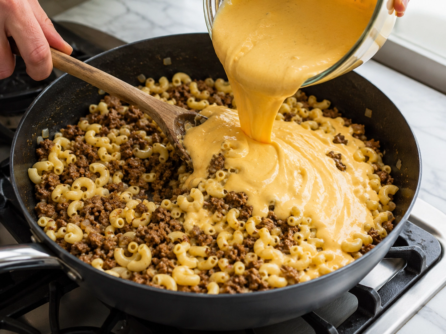 Creamy Cheesy Beef Macaroni Skillet
