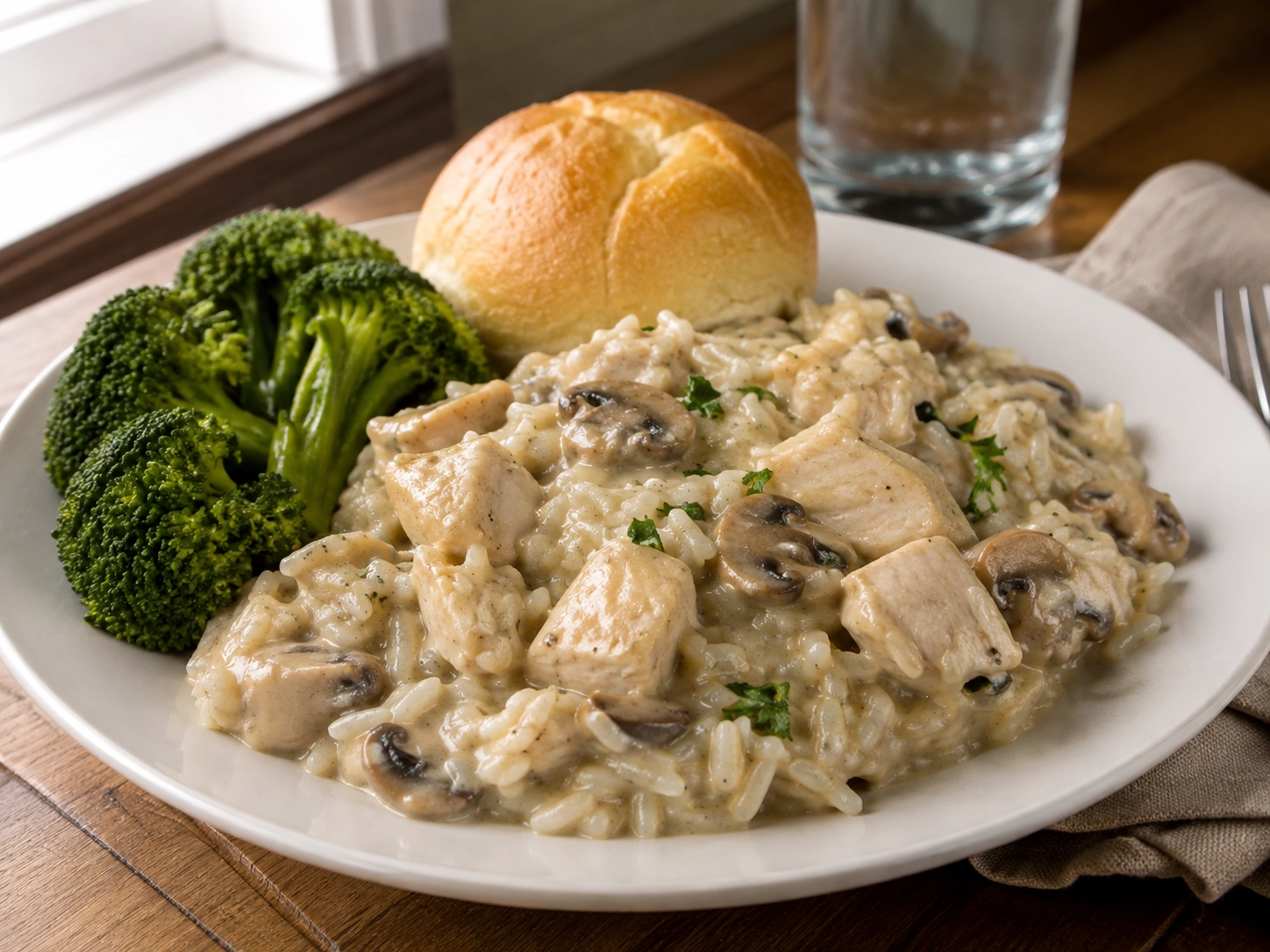 Creamy Chicken Rice with Broccoli and Roll