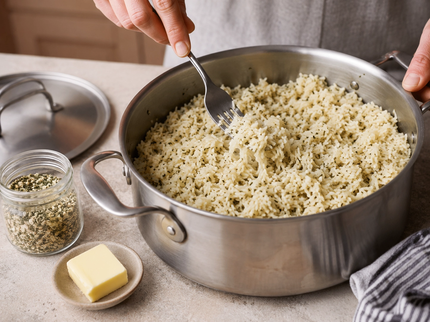 Fluffy Herb Rice in a Stainless Pot