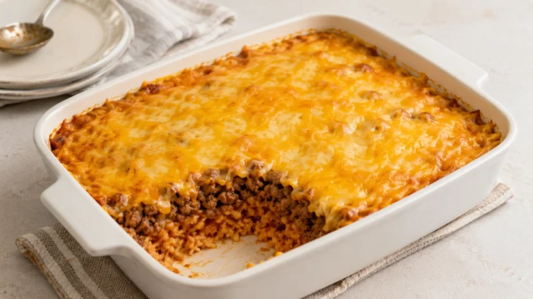 Golden Cheesy Casserole with Rice and Beef