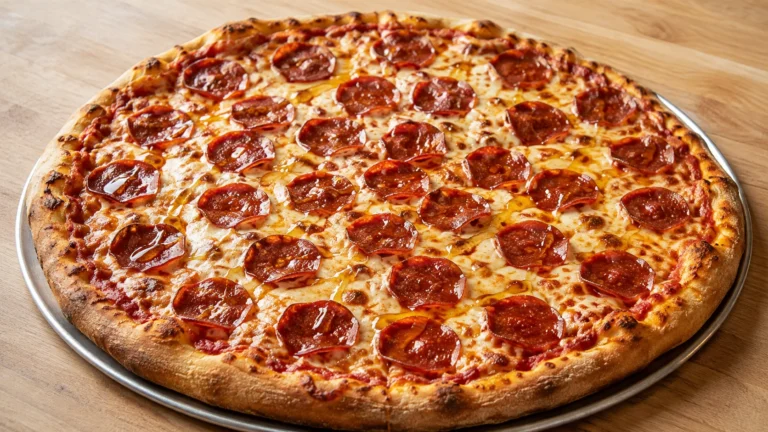 Golden Pepperoni Pizza on Metal Tray