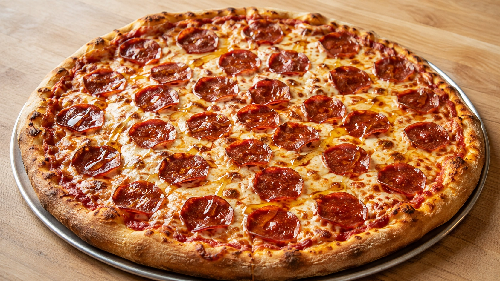 Golden Pepperoni Pizza on Metal Tray