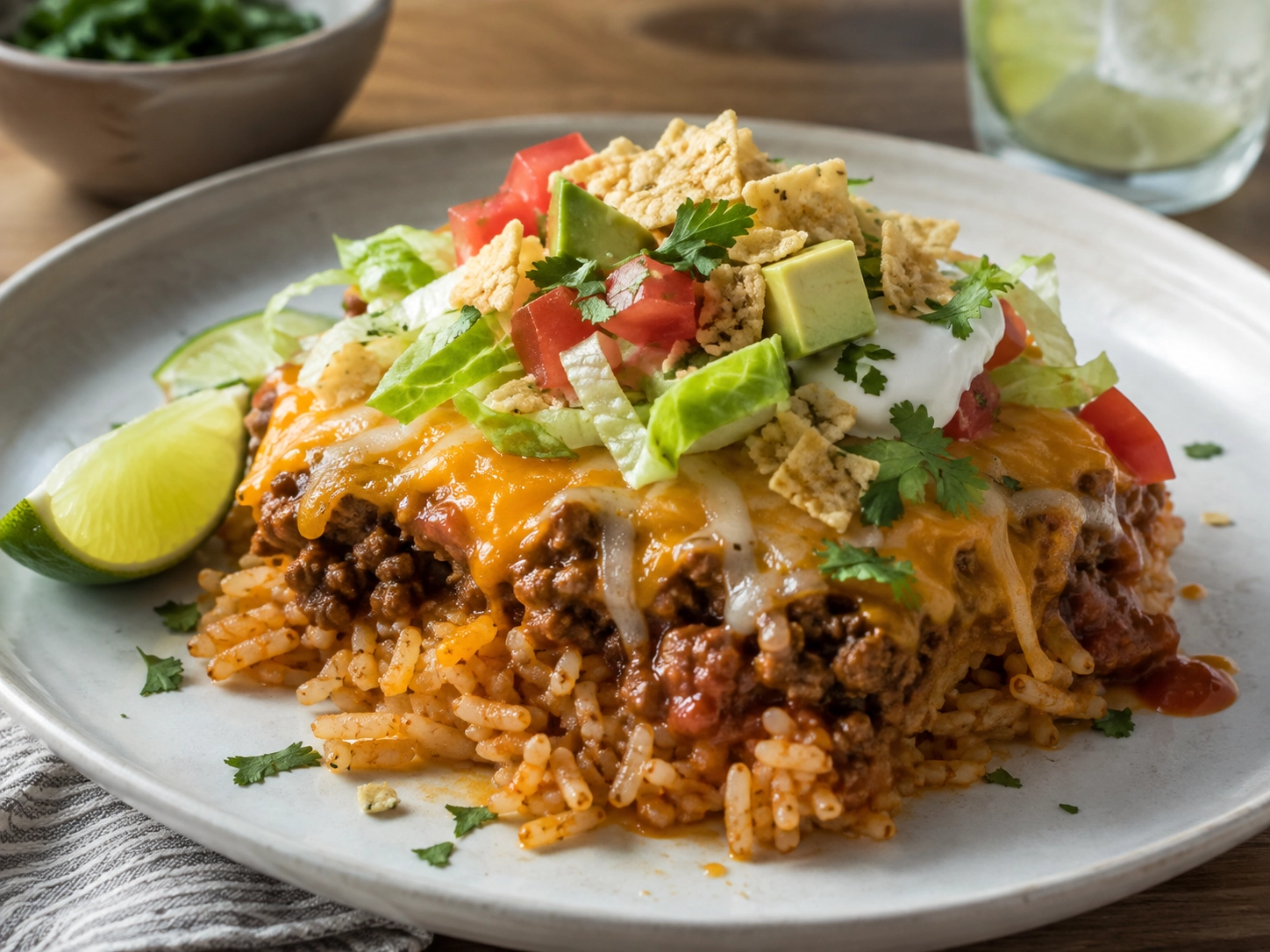 Layered Taco Rice Casserole with Fresh Toppings