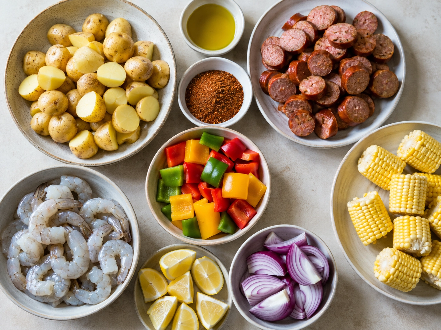 Overhead Colorful Sausage Shrimp Prep Layout