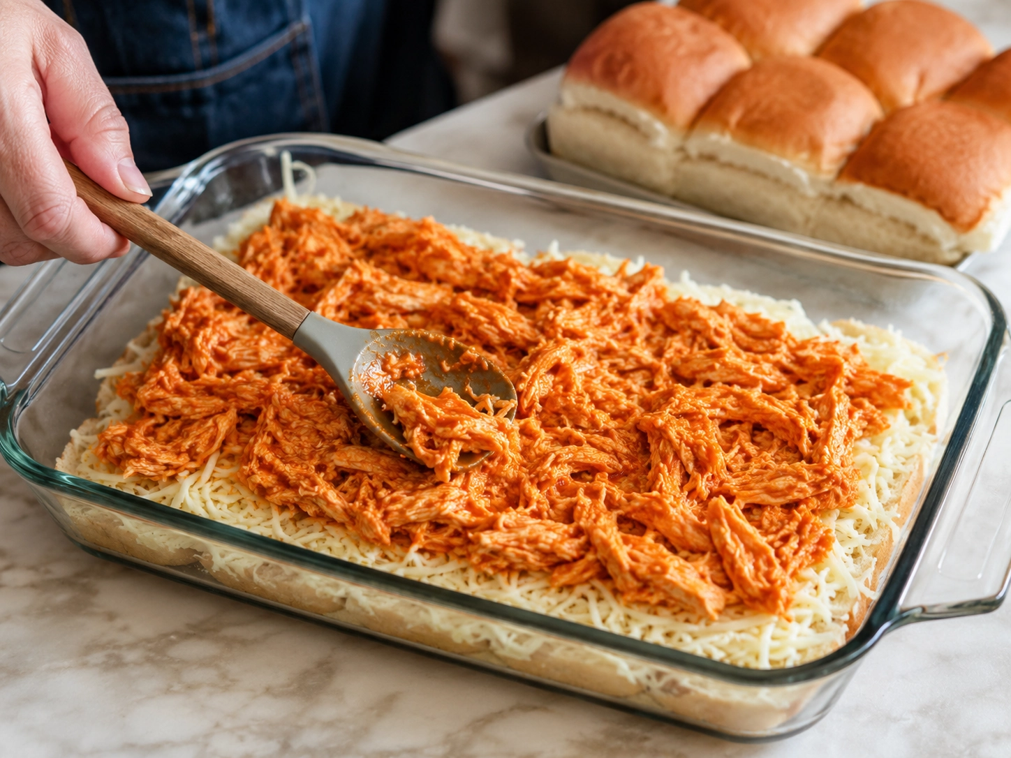 Spreading Buffalo Chicken in pan