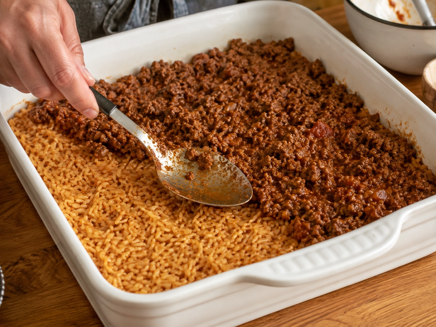 Spreading Taco Meat Over Seasoned Rice