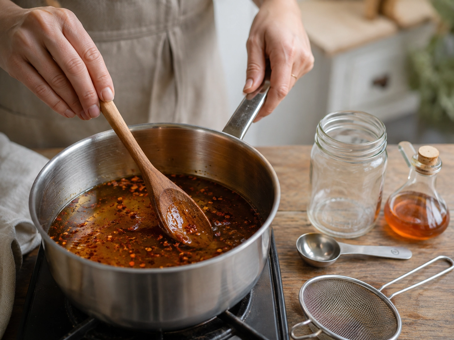 Stirring Spiced Sauce in a Rustic Kitchen