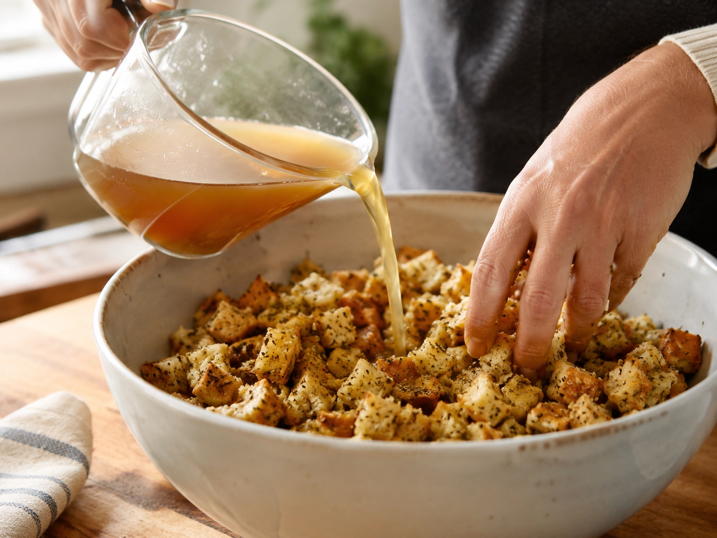 Warm Bread Stuffing Preparation