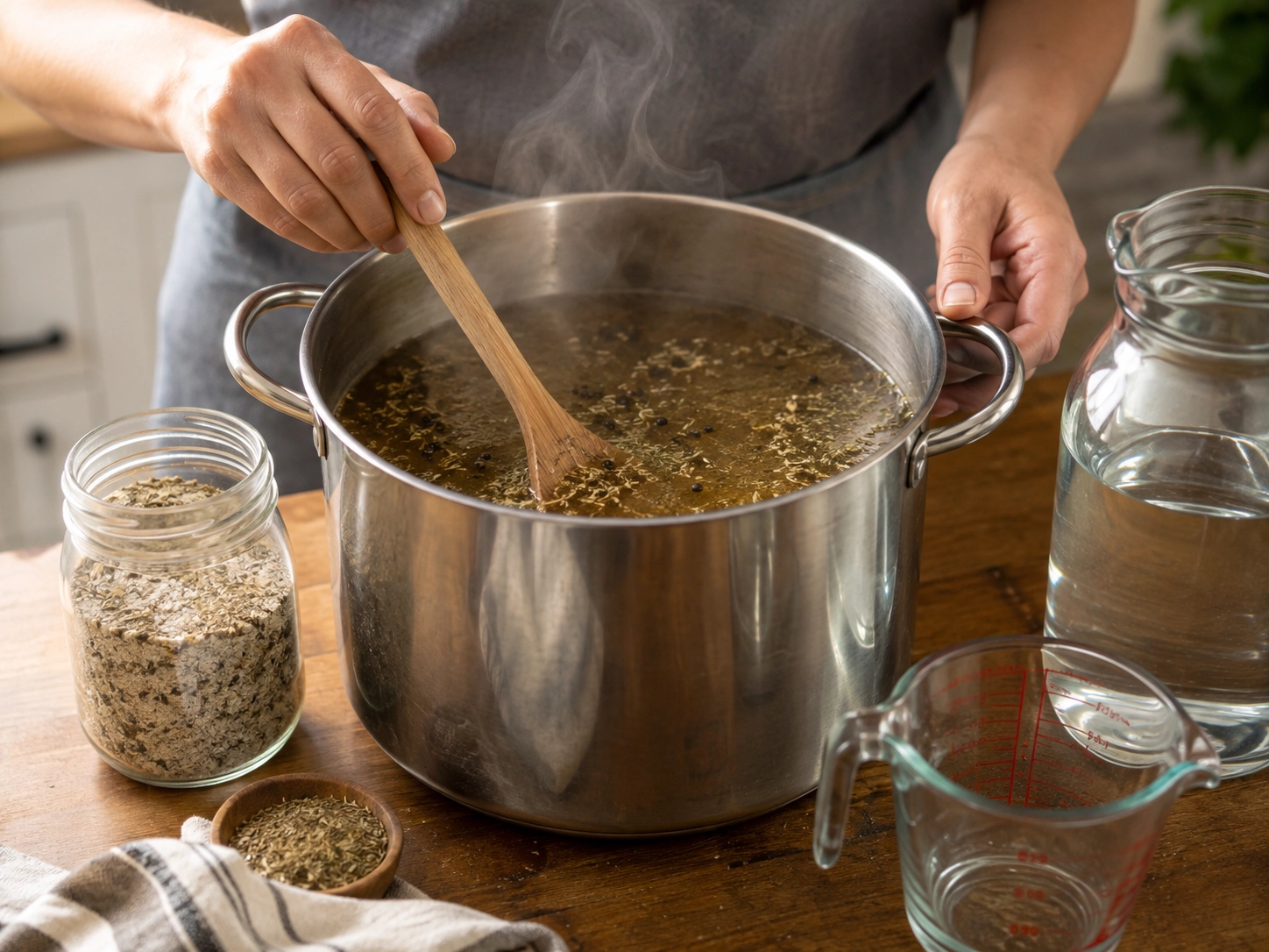 Warm Kitchen Pot Stirring Turkey Brine Scene